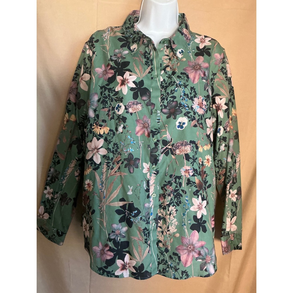 Coldwater Creek Button Front Blouse Womens 18 Green Floral Cotton Excellent L/S